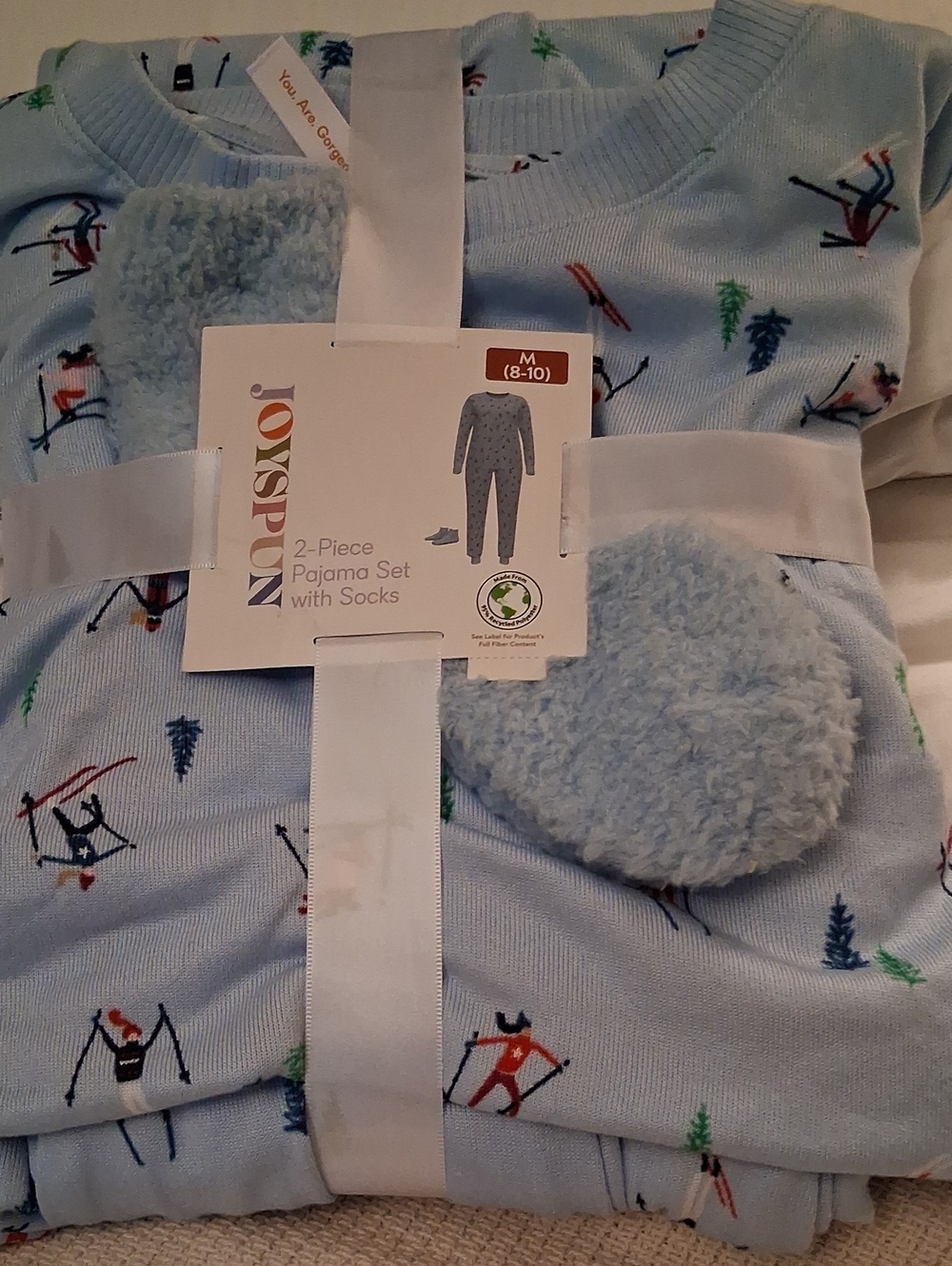 New Light Blue Womans Pajama Set with Matching Cozy Socks - 2-Piece